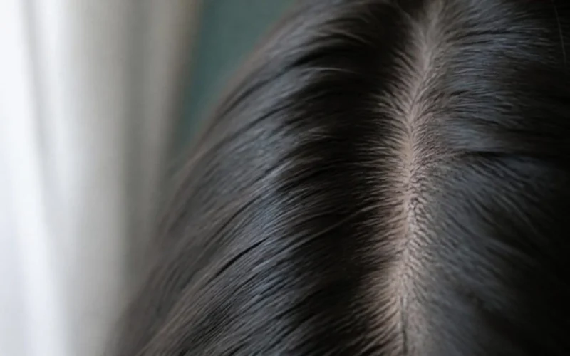 Detalle del cabello y la raya del peinado en el centro del cuero cabelludo