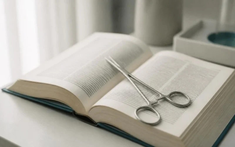 Diccionario abierto junto a unas pinzas quirúrgicas finas sobre un escritorio claro